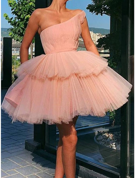 A-Line Homecoming Dresses Tiered Plisse Dress Graduation Cocktail Party Short / Mini Sleeveless One Shoulder Pink Dress Tulle with Ruffles