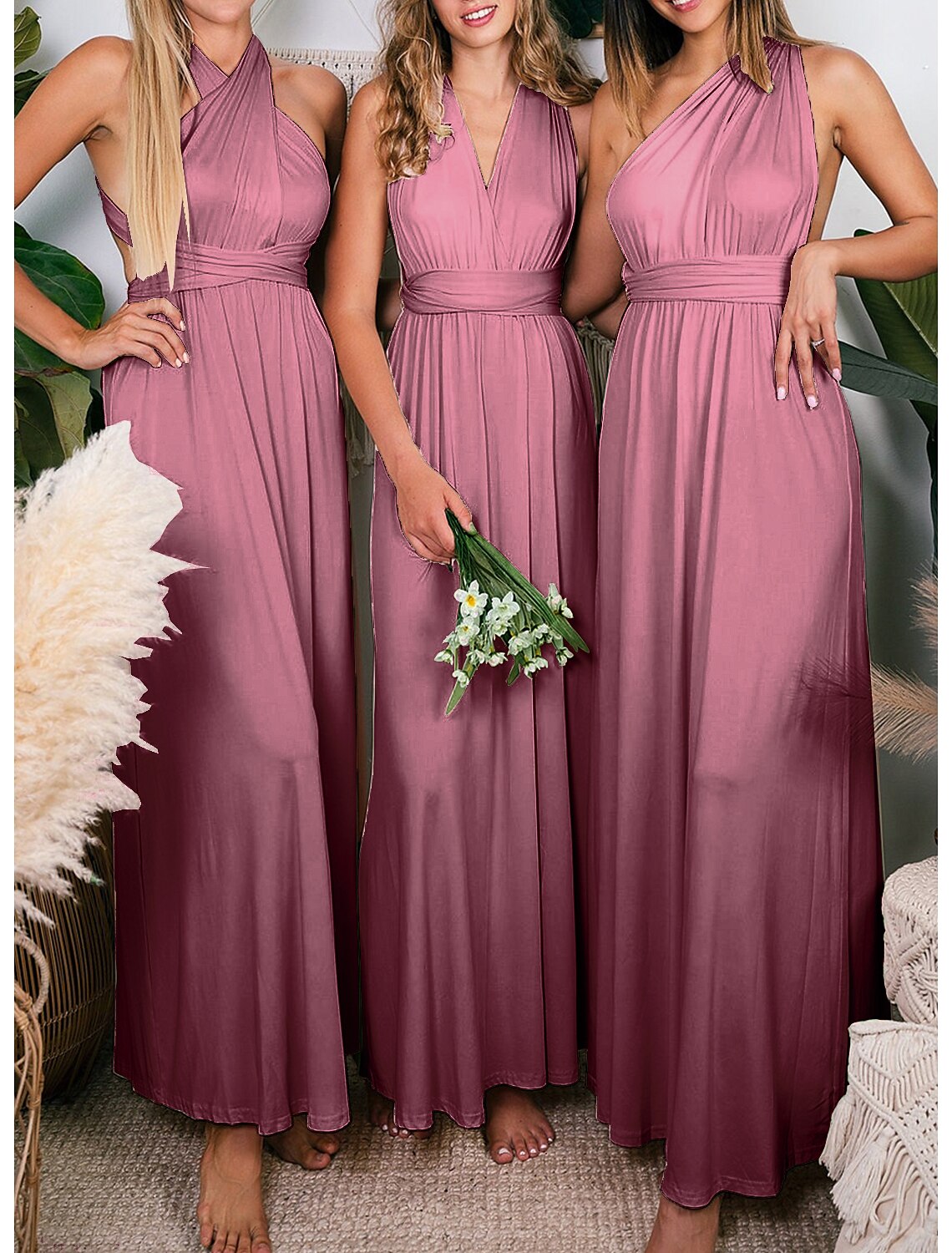 Sheath / Column Bridesmaid Dress Halter Sleeveless Convertible Ankle Length Spandex with Pleats / Solid Color