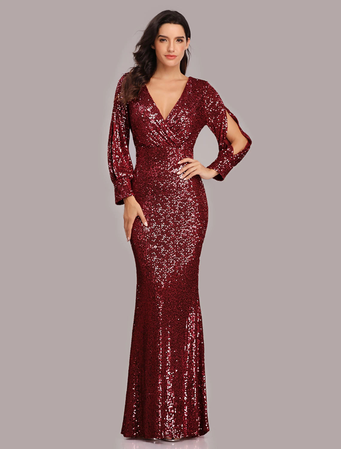 Mermaid / Trumpet Evening Gown Sparkle Dress Party Wear Floor Length Long Sleeve V Neck Sequined with Sequin