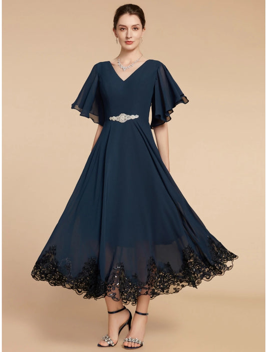 A-Line Mother of the Bride Dress Wedding Guest Elegant Vintage V Neck Ankle Length Chiffon Lace Short Sleeve with Crystal Brooch Ruching Solid Color