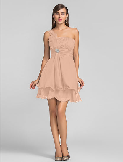 A-Line Minimalist Cute Dress Homecoming Cocktail Party Short / Mini One Shoulder Sleeveless Chiffon with Ruched Draping Crystal Brooch