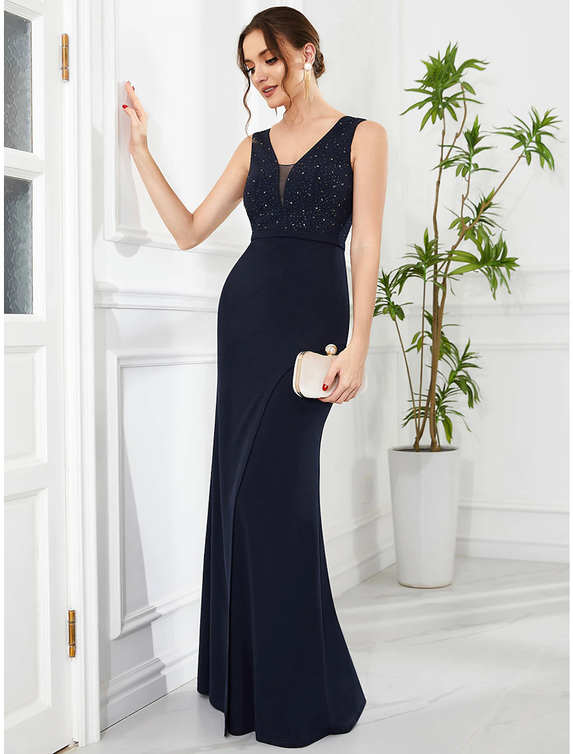 Mermaid / Trumpet Evening Gown Glittering Dress Prom Floor Length Sleeveless V Neck Polyester with Belt