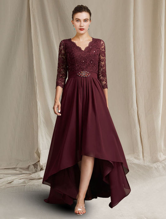 A-Line Mother of the Bride Dress Plus Size Elegant High Low V Neck Asymmetrical Floor Length Chiffon Lace 3/4 Length Sleeve with Pleats Appliques Crystal Brooch