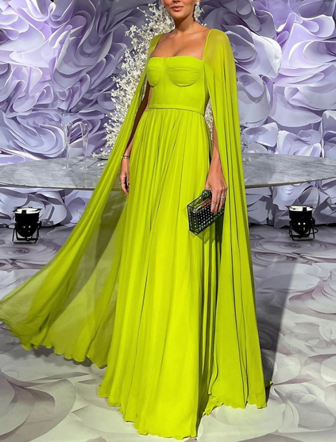 A-Line Evening Gown Elegant Cape Green Dress Formal Fall Floor Length Long Sleeve Square Neck Chiffon with Pleats