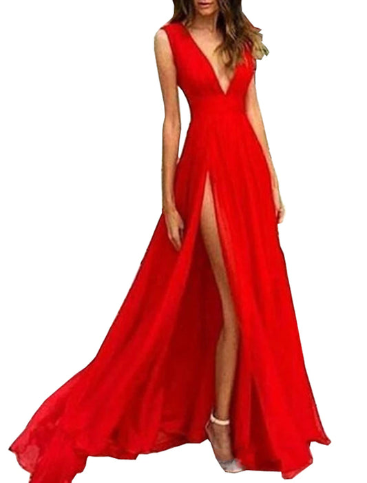 A-Line Evening Gown Elegant Dress Wedding Guest Party Wear Floor Length Sleeveless V Neck Chiffon with Slit