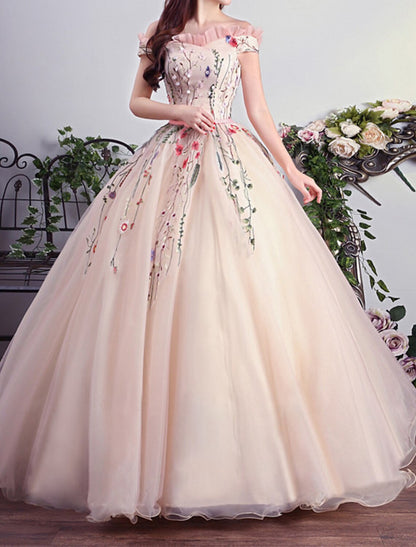 Ball Gown Prom Dresses Luxurious Dress Quinceanera Prom Floor Length Short Sleeve Off Shoulder Tulle with Pleats Embroidery