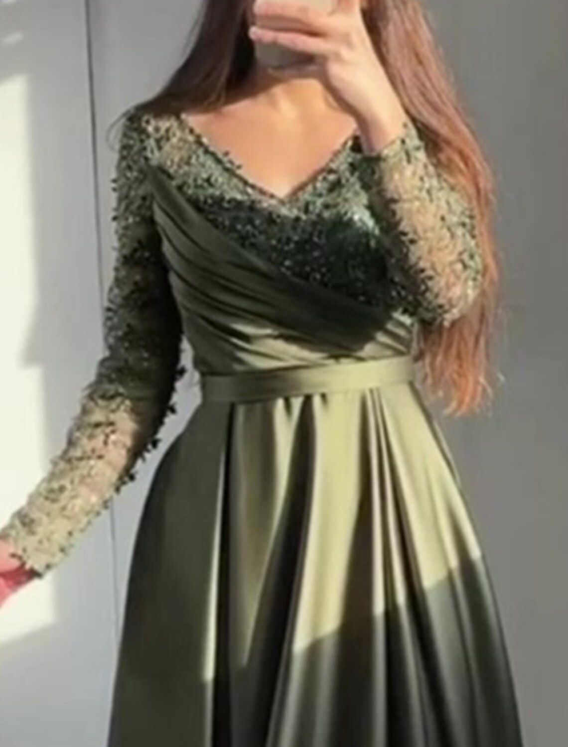 A-Line Prom Dresses Luxurious Dress Formal Wedding Guest Court Train Long Sleeve V Neck Charmeuse with Ruched Sequin Slit