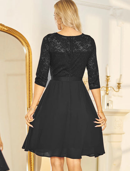 A-Line Cocktail Dresses Vintage Dress Wedding Guest Party Wear Knee Length Half Sleeve V Neck Chiffon with Pleats