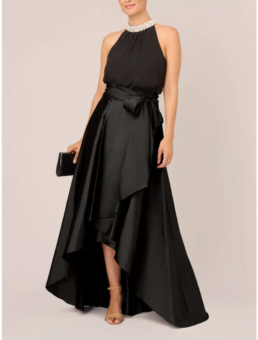 A-Line Wedding Guest Dresses Party Dress Formal Black Dress Plus Size Asymmetrical Sleeveless Jewel Neck Satin with Bow(s) Pleats Crystals