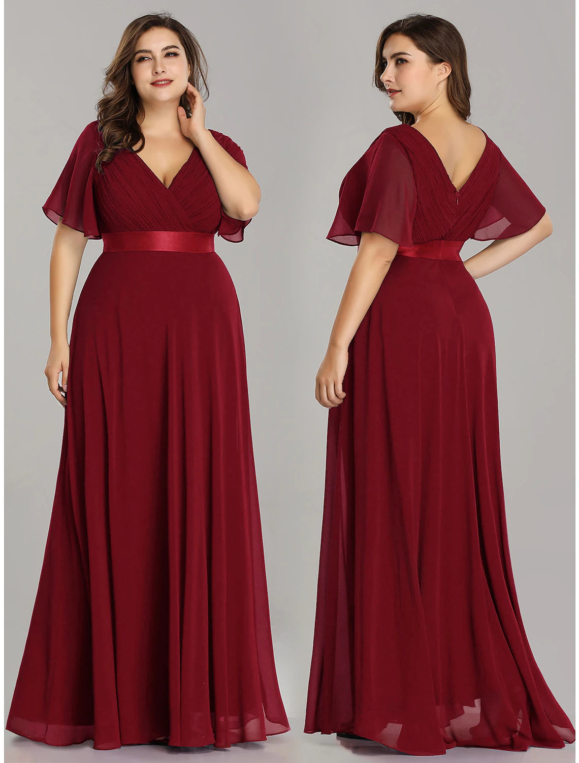 A-Line Empire Fall Wedding Guest Dress For Bridesmaid Plus Size Formal Evening Dress V Neck Short Sleeve Floor Length Chiffon with Pleats Ruched