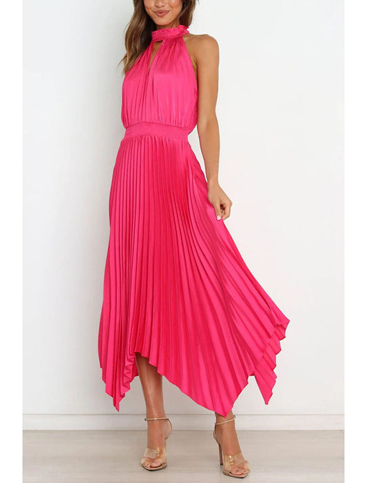 A-Line Party Dresses Casual Dress Homecoming Wedding Guest Asymmetrical Sleeveless Halter Neck Satin with Pleats