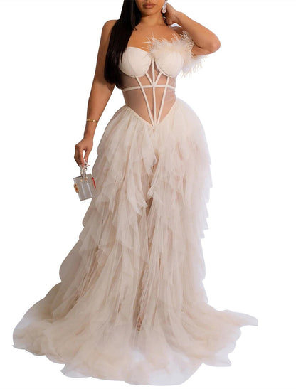 A-Line Party Dresses Corsets Dress Prom Wedding Party Court Train Sleeveless One Shoulder Tulle with Feather