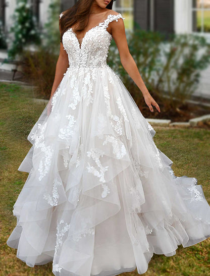 Engagement Formal Wedding Dresses Ball Gown Off Shoulder Cap Sleeve Court Train Satin Bridal Gowns With Beading Appliques