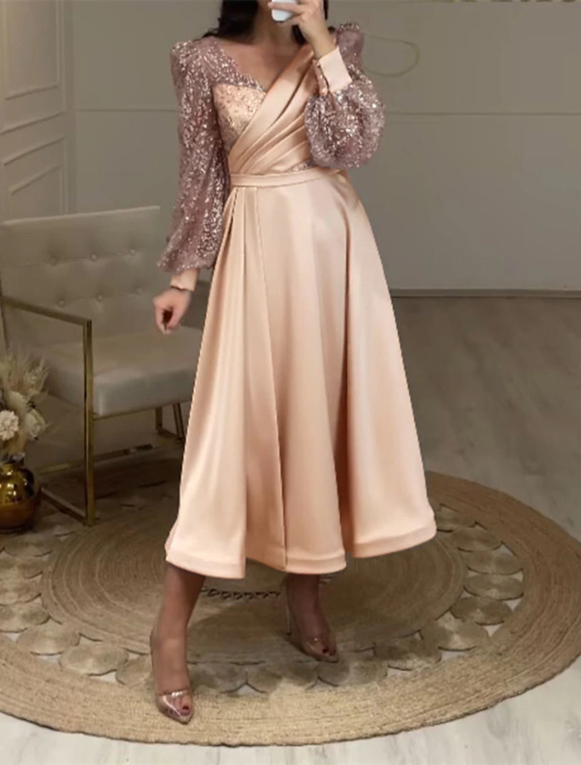 A-Line Cocktail Dresses Elegant Dress Wedding Guest Party Wear Tea Length Long Sleeve V Neck Fall Wedding Guest Satin with Ruched