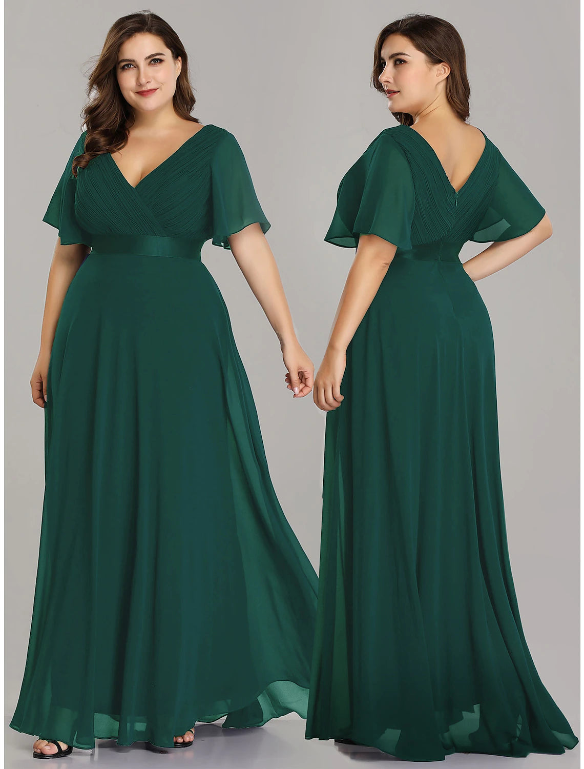 A-Line Empire Fall Wedding Guest Dress For Bridesmaid Plus Size Formal Evening Dress V Neck Short Sleeve Floor Length Chiffon with Pleats Ruched