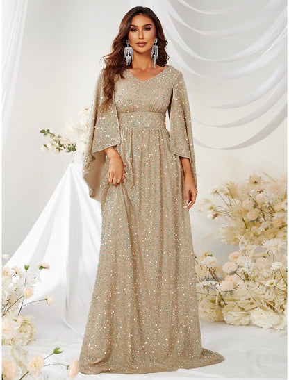 A-Line Evening Gown Sparkle & Shine Dress Formal Sweep / Brush Train Long Sleeve V Neck Capes Polyester with Sequin