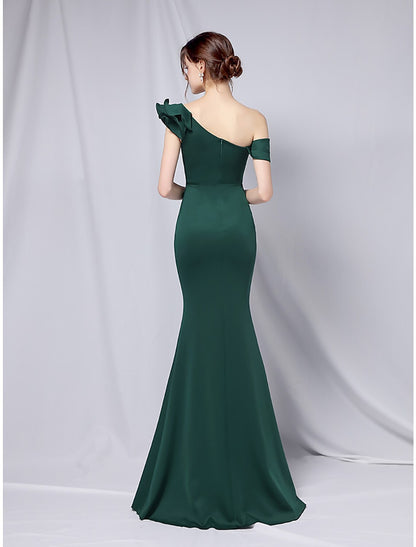 Mermaid Party Dress Evening Gown Empire Dress Wedding Guest Formal Evening Floor Length Short Sleeve One Shoulder Stretch Satin with Ruffles