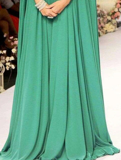 A-Line Evening Gown Elegant Dress Formal Wedding Guest Christmas Red Green Dress Floor Length Sleeveless High Neck Fall Wedding Guest Chiffon with Appliques Pure Color