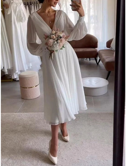 Little White Dresses Wedding Dresses A-Line V Neck Long Sleeve Tea Length Chiffon Bridal Gowns With Pleats Solid Color