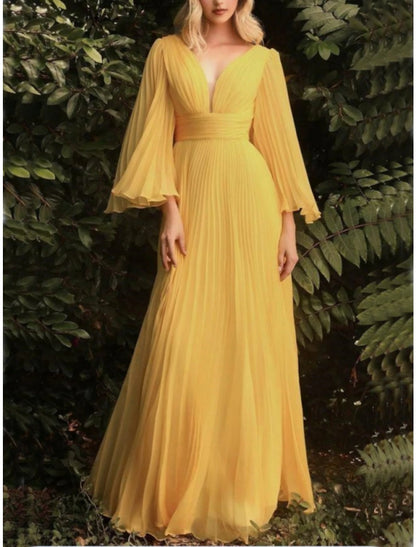 Sheath / Column Wedding Guest Dresses Elegant Dress Wedding Guest Floor Length Long Sleeve V Neck Chiffon with Pleats Ruched