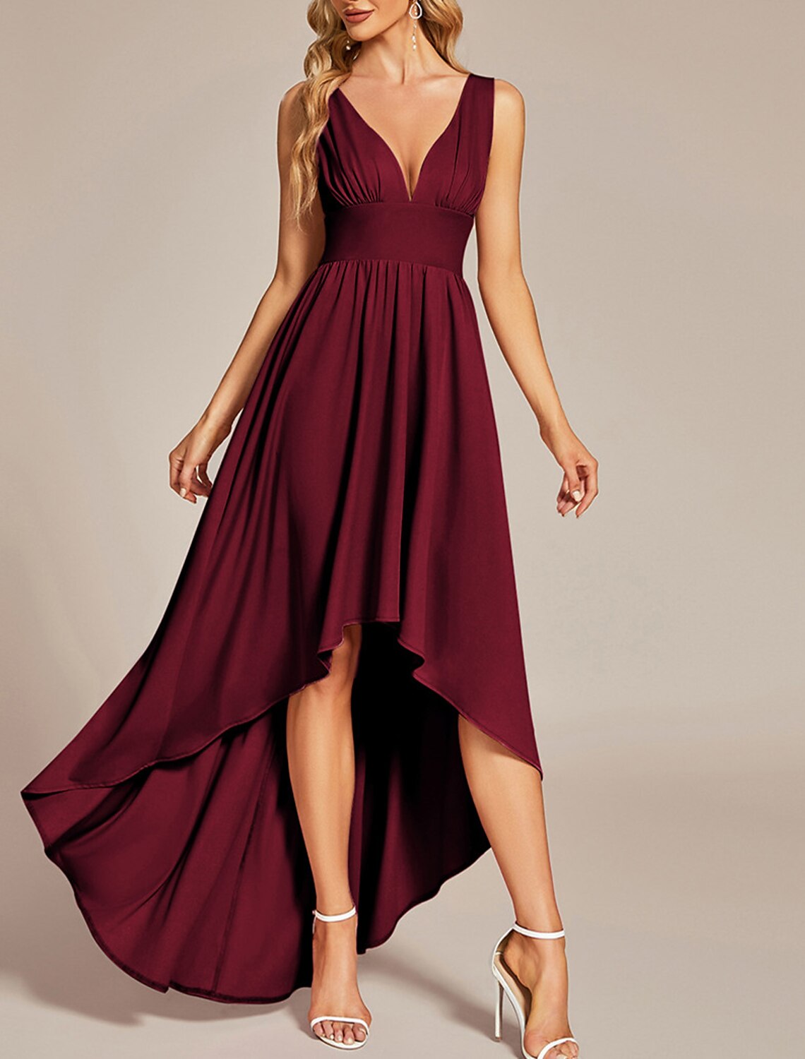 A-Line Wedding Guest Dresses Casual Dress Wedding Party Summer Asymmetrical Sleeveless V Neck Spandex with Pleats