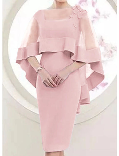 Sheath / Column Mother of the Bride Dress Elegant Square Neck Knee Length Satin Tulle 3/4 Length Sleeve with Appliques