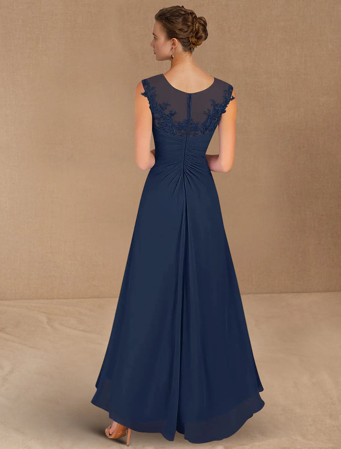 A-Line Mother of the Bride Dress Formal Wedding Guest Elegant Jewel Neck Asymmetrical Chiffon Sleeveless with Lace Sequin Ruching