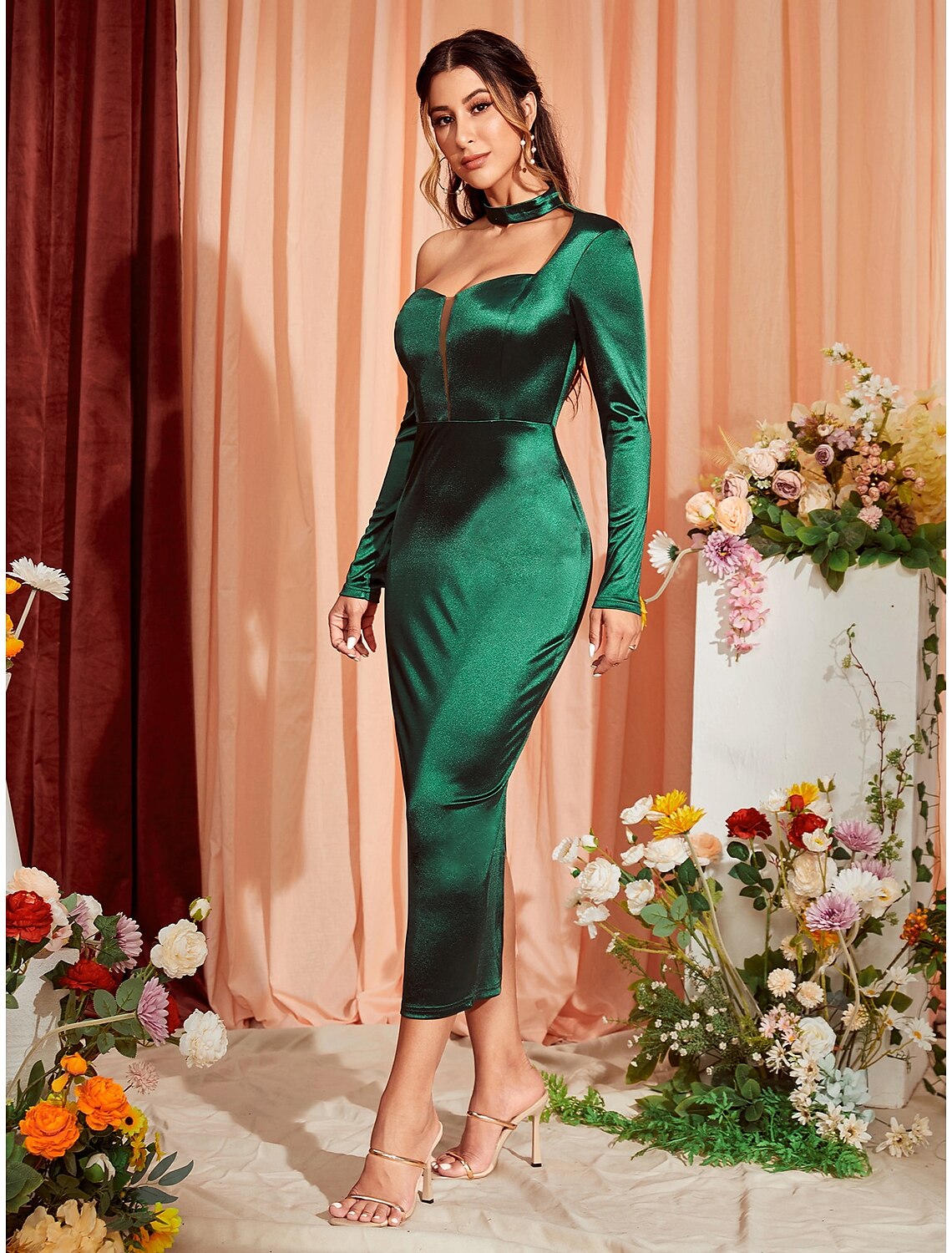 Mermaid / Trumpet Party Dresses Sexy Dress Wedding Party Tea Length Long Sleeve One Shoulder Stretch Satin with Ruched Slit