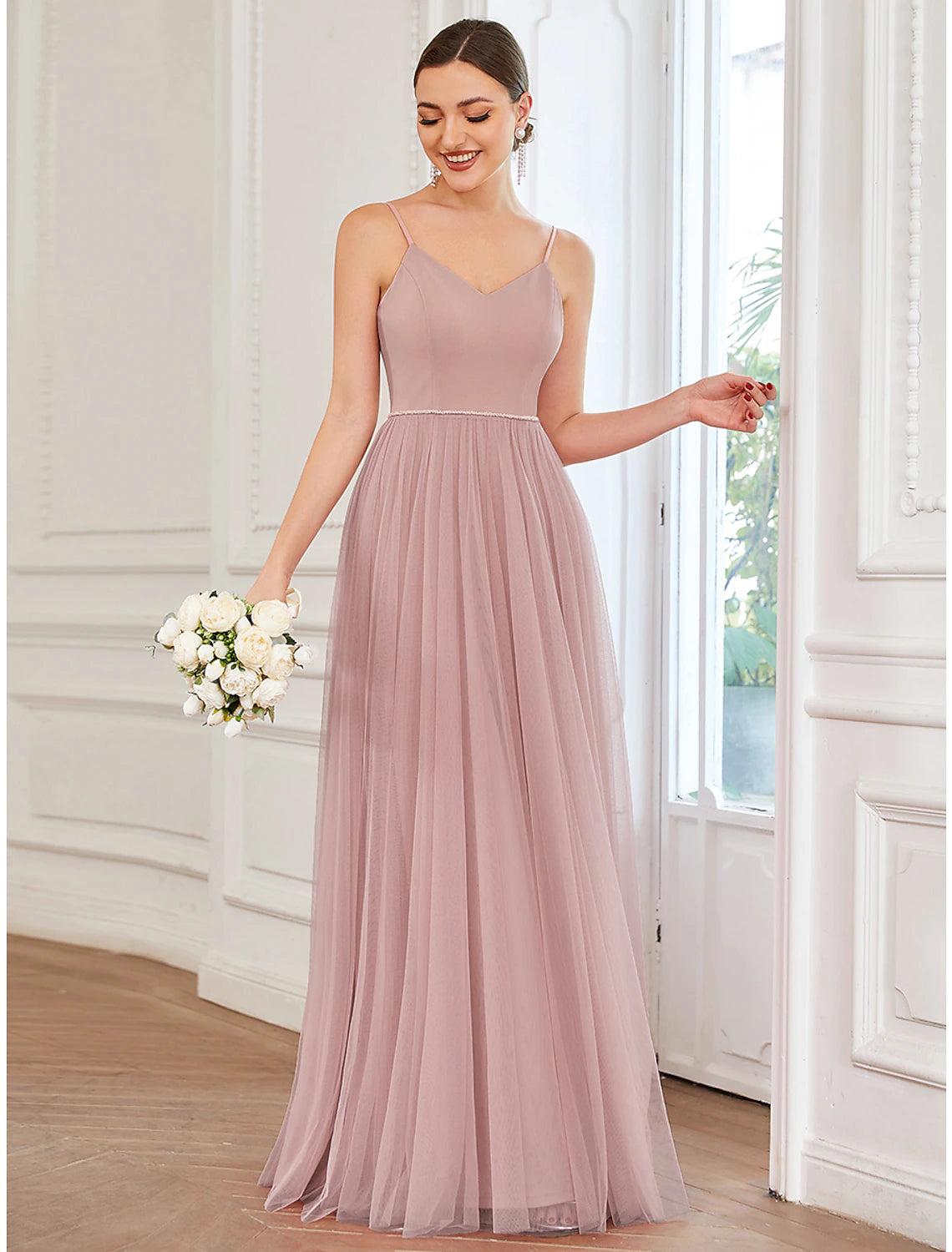 A-Line Prom Dresses Vintage Dress Wedding Guest Floor Length Sleeveless V Neck Tulle V Back with Pleats Draping