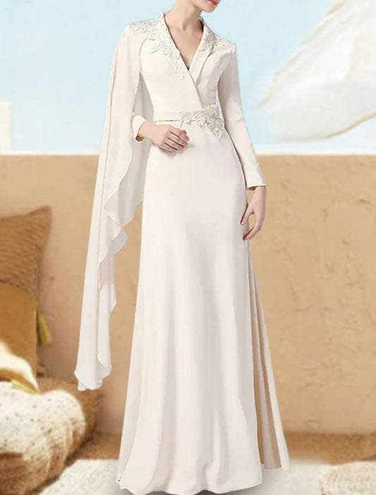 A-Line Prom Dresses Elegant Dress Formal Wedding Guest Floor Length Long Sleeve V Neck Chiffon with Sash / Ribbon Appliques