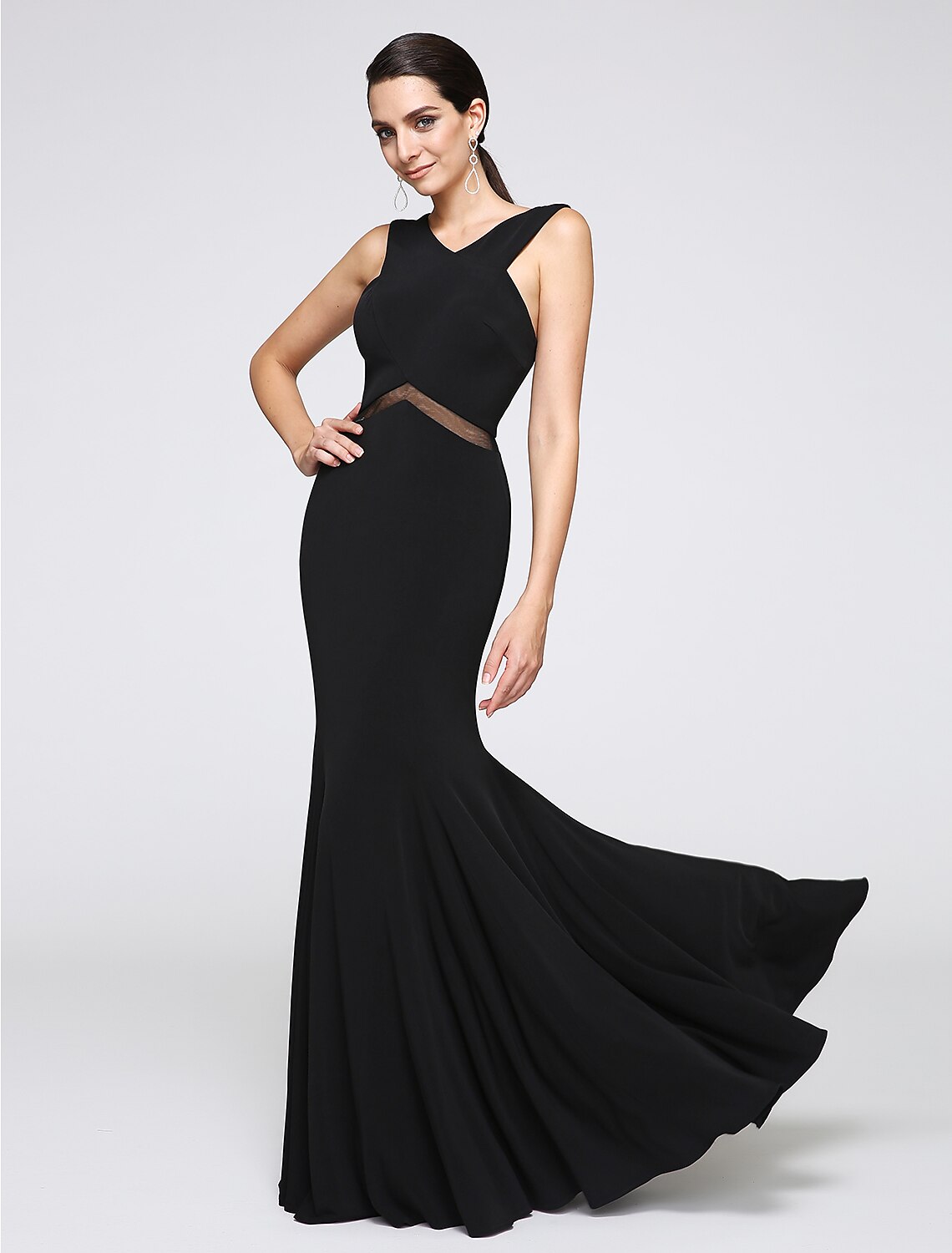 Mermaid / Trumpet Cross Front / Y Neck Floor Length Jersey Minimalist Holiday / Cocktail Party / Formal Evening Dress with Lace