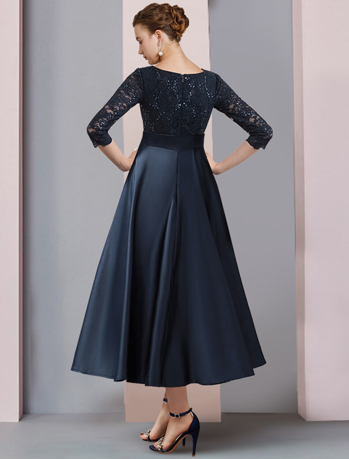 A-Line Mother of the Bride Dress Wedding Guest Vintage Elegant V Neck Tea Length Satin Lace 3/4 Length Sleeve with Bow(s) Pleats Sequin