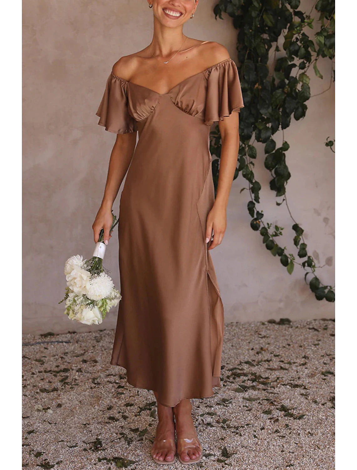 A-Line Wedding Guest Dresses Party Dress Wedding Birthday Ankle Length Short Sleeve Off Shoulder Satin with Ruffles Slit