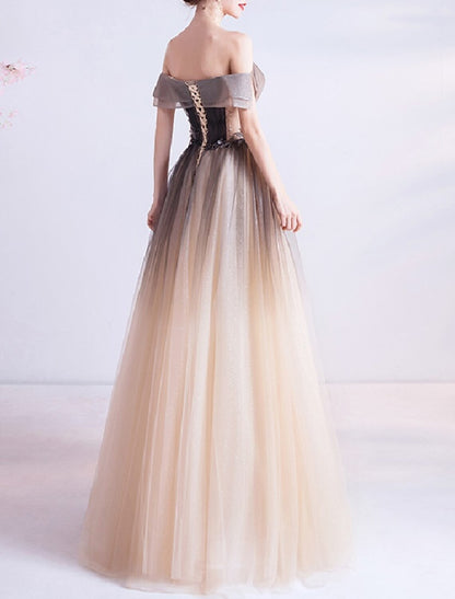 Ball Gown Princess Cute Prom Dress Off Shoulder Sleeveless Floor Length Tulle with Crystals Appliques