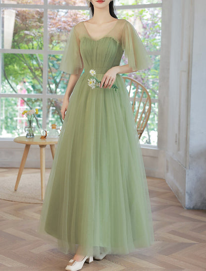 A-Line Wedding Guest Dresses Tiered Plisse Dress Holiday Summer Ankle Length Sleeveless Off Shoulder Bridesmaid Dress Tulle with Ruched