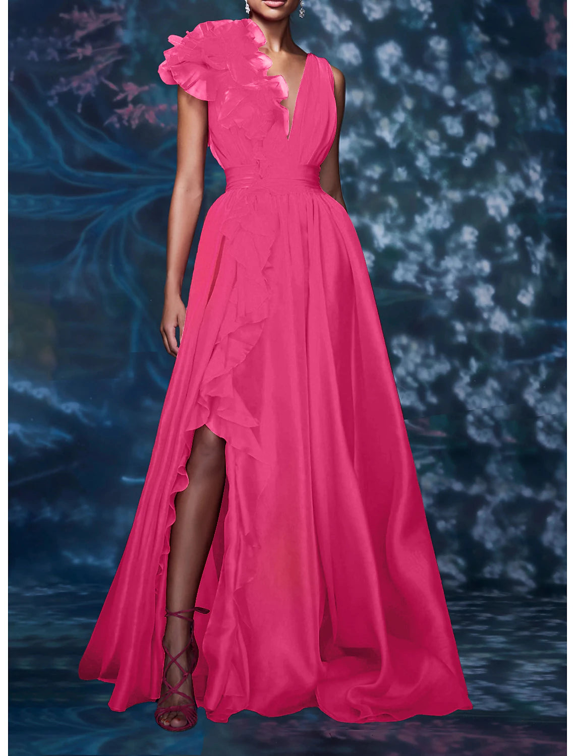 A-Line Evening Gown Celebrity Style Dress Red Green Dress Formal Wedding Guest Floor Length Sleeveless V Neck Chiffon with Slit Pure Color