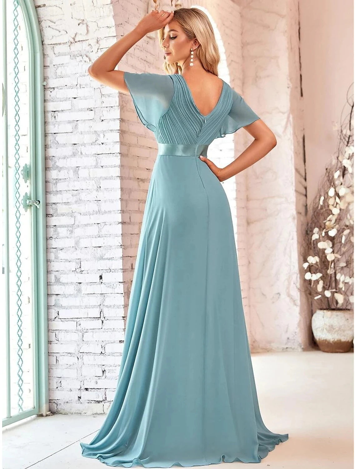 A-Line Evening Gown Empire Dress Wedding Guest Floor Length Short Sleeve V Neck Chiffon V Back with Ruffles Pure Color