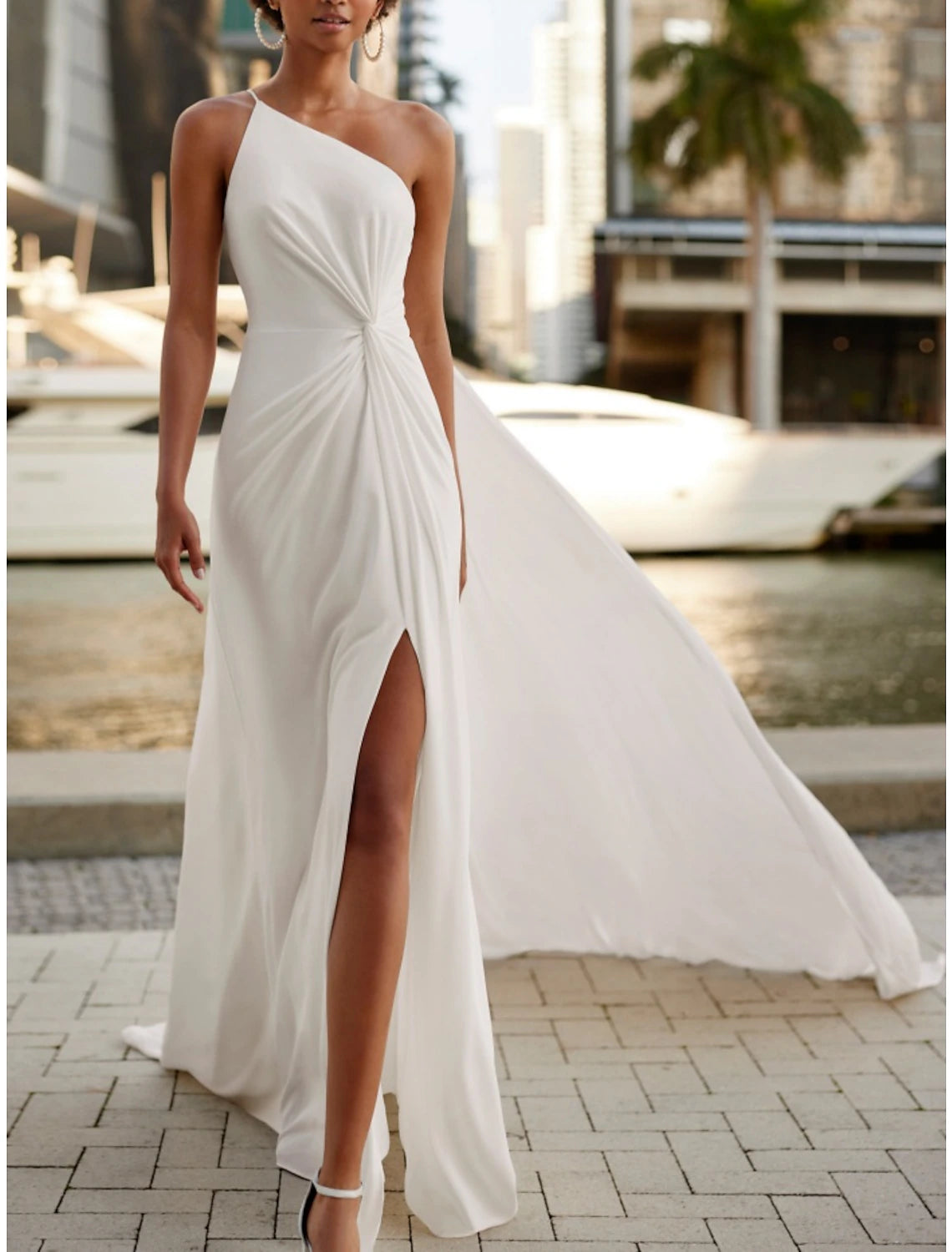 Hall Formal Wedding Dresses A-Line One Shoulder Sleeveless Court Train Chiffon Bridal Gowns With Pleats Split Front