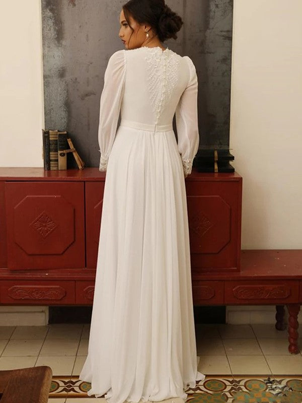 A-Line/Princess Chiffon Lace Jewel Long Sleeves Floor-Length Wedding Dresses