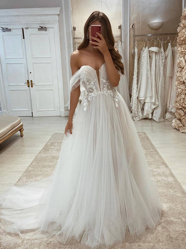 A-Line/Princess Tulle Applique Off-the-Shoulder Sleeveless Sweep/Brush Train Wedding Dresses