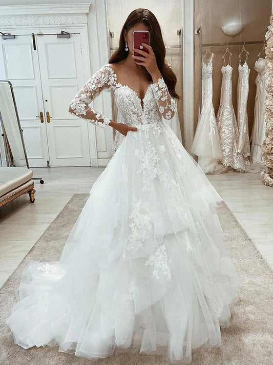 A-Line/Princess Tulle Lace V-neck Long Sleeves Sweep/Brush Train Wedding Dresses