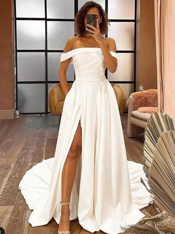 A-Line/Princess Stretch Crepe Ruched Off-the-Shoulder Sleeveless Sweep/Brush Train Wedding Dresses