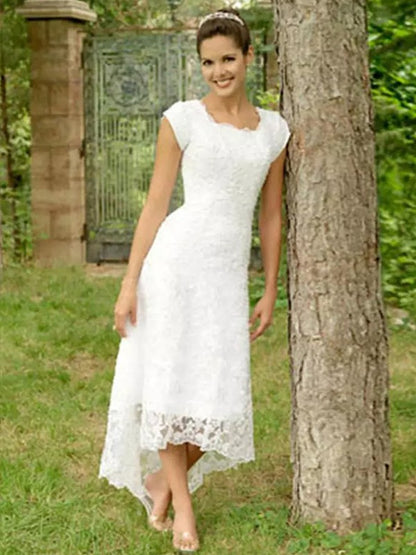 A-Line/Princess Lace Scoop Short Sleeves Asymmetrical Wedding Dresses