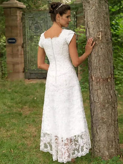 A-Line/Princess Lace Scoop Short Sleeves Asymmetrical Wedding Dresses
