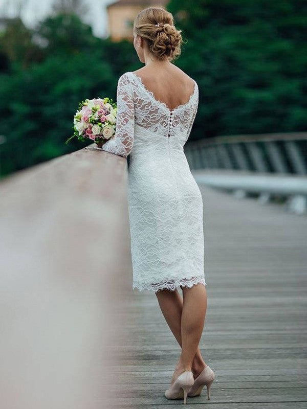 Sheath/Column Lace Scoop Long Sleeves Knee-Length Wedding Dresses