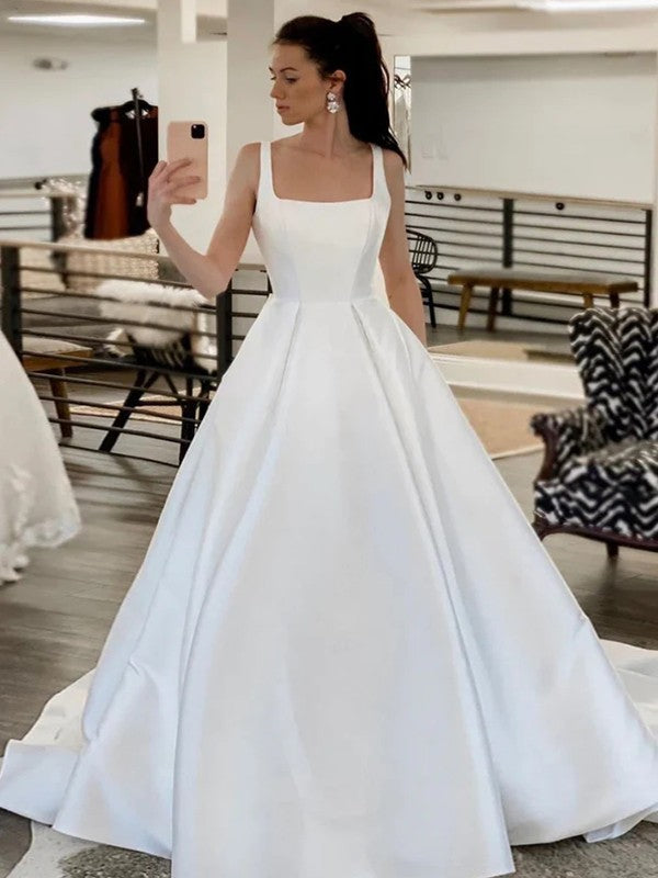 A-Line/Princess Satin Ruched Square Sleeveless Sweep/Brush Train Wedding Dresses