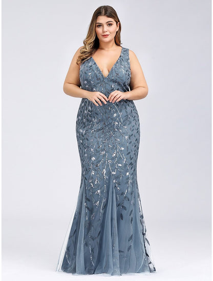 Mermaid / Trumpet Plus Size Sexy Prom Formal Evening Dress V Neck Sleeveless Floor Length Tulle with Appliques