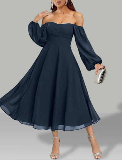 A-Line Wedding Guest Dresses Elegant Dress Holiday Fall Tea Length Long Sleeve Off Shoulder Chiffon with RuchedA-Line Wedding Guest Dresses Elegant Dress Holiday Fall Tea Length Long Sleeve Off Shoulder Chiffon with Ruched