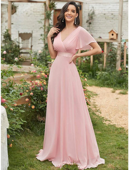 A-Line Evening Gown Empire Dress Wedding Guest Floor Length Short Sleeve V Neck Chiffon V Back with Ruffles Pure Color