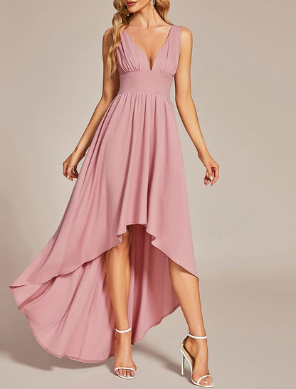 A-Line Wedding Guest Dresses Casual Dress Wedding Party Summer Asymmetrical Sleeveless V Neck Spandex with Pleats